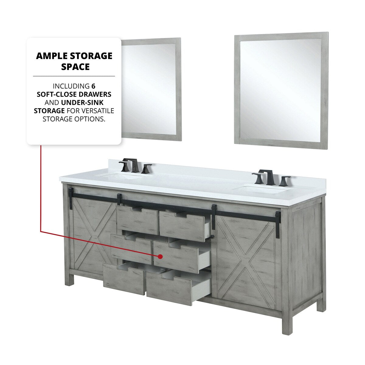 Marsyas Bath Vanity, White Quartz Countertop and Mirrors