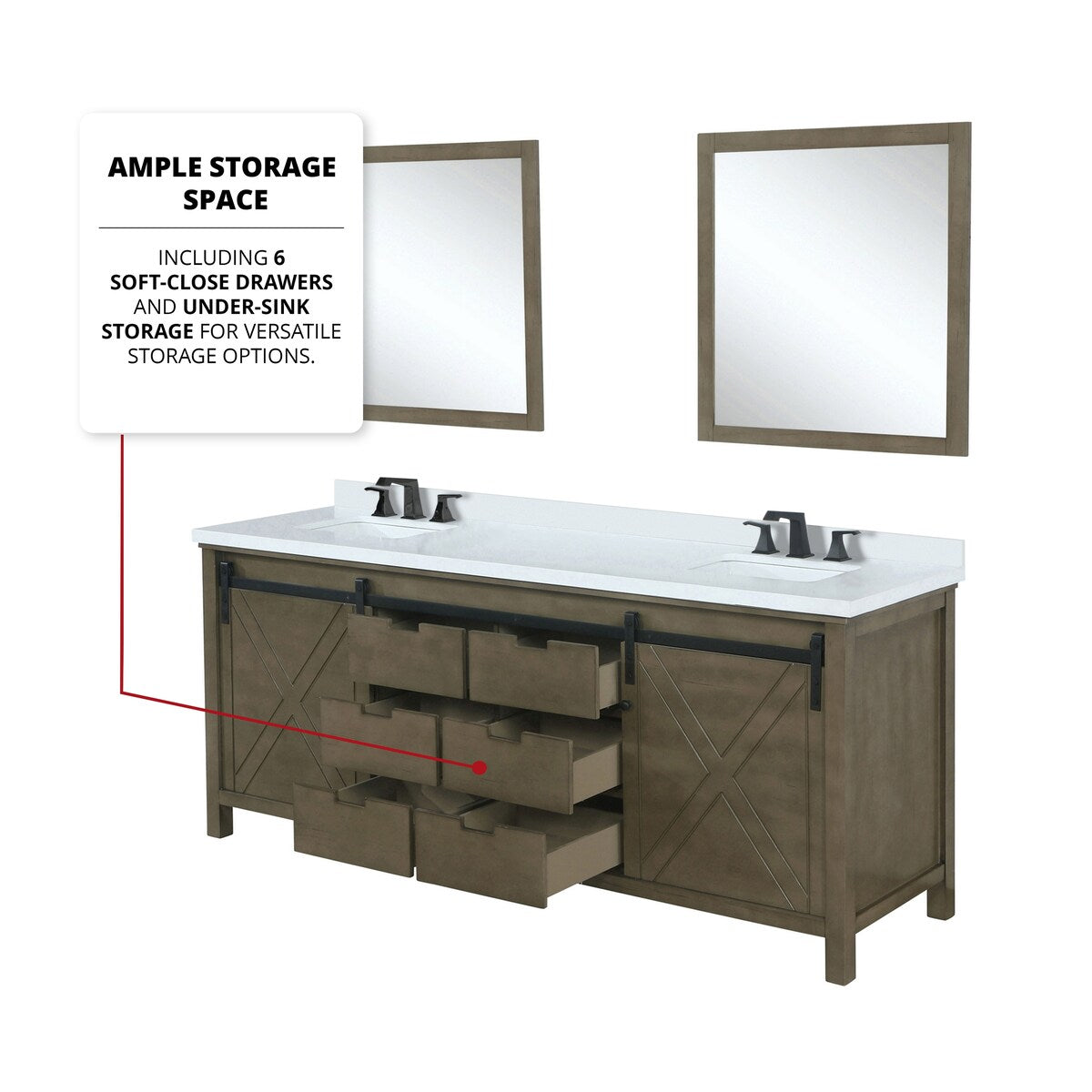 Marsyas Bath Vanity, White Quartz Countertop and Mirrors