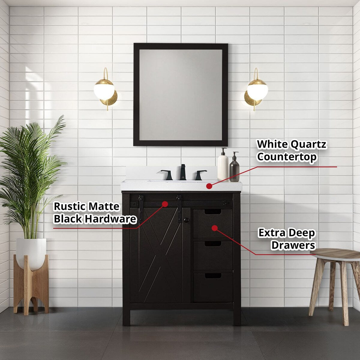 Marsyas Bath Vanity, White Quartz Countertop and Mirrors