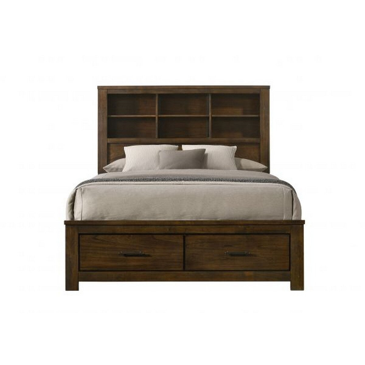 Maryl Queen Bed with Bookcase Headboard, Solid Wood, Oak Brown Finish