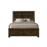 Maryl Queen Bed with Bookcase Headboard, Solid Wood, Oak Brown Finish