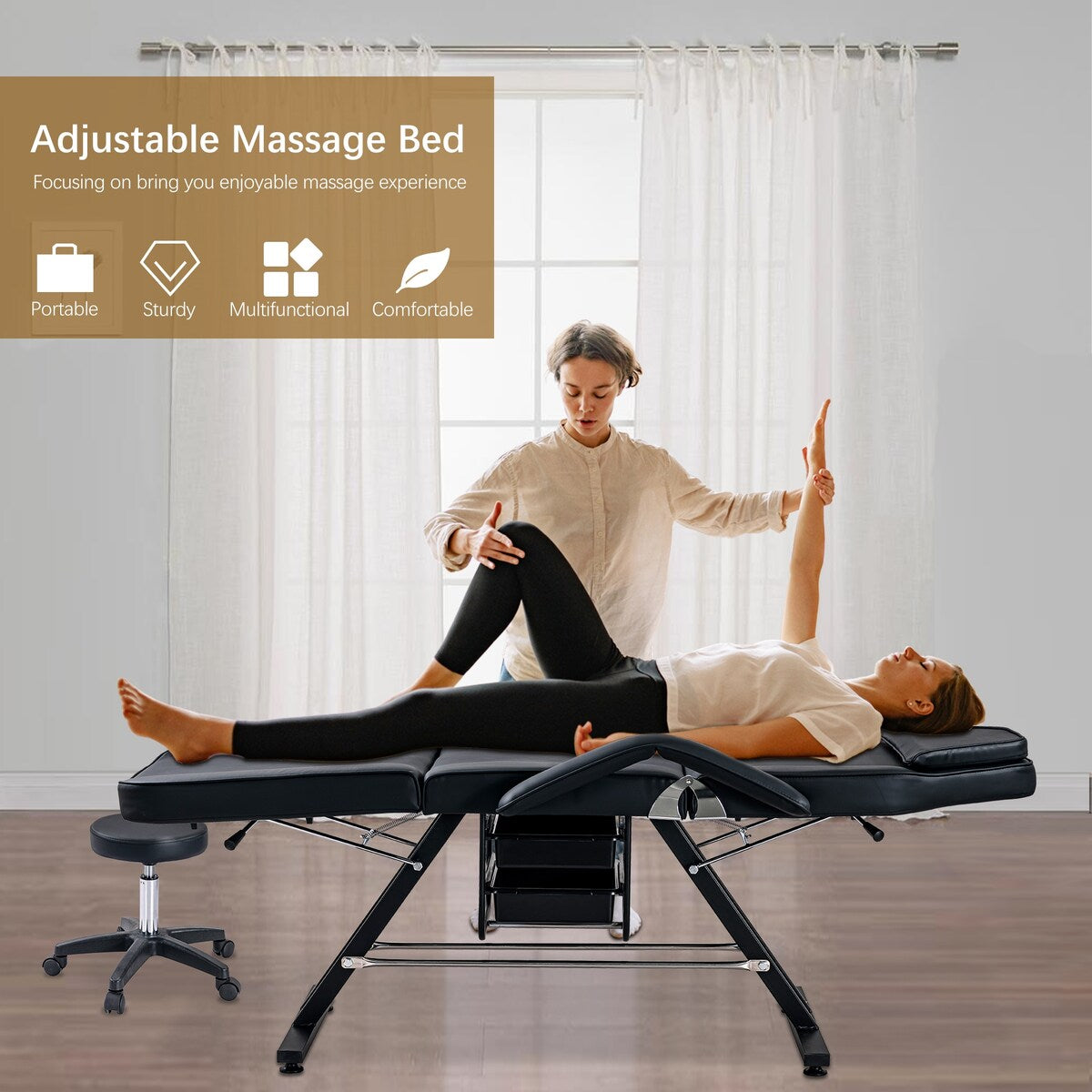 Massage Salon Tattoo Chair with Two Trays Esthetician Bed with Hydraulic Stool,Multi-Purpose 3-Section Facial Bed Table