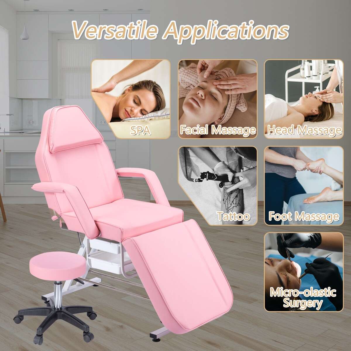 Massage Salon Tattoo Chair with Two Trays Esthetician Bed with Hydraulic Stool,Multi-Purpose 3-Section Facial Bed Table