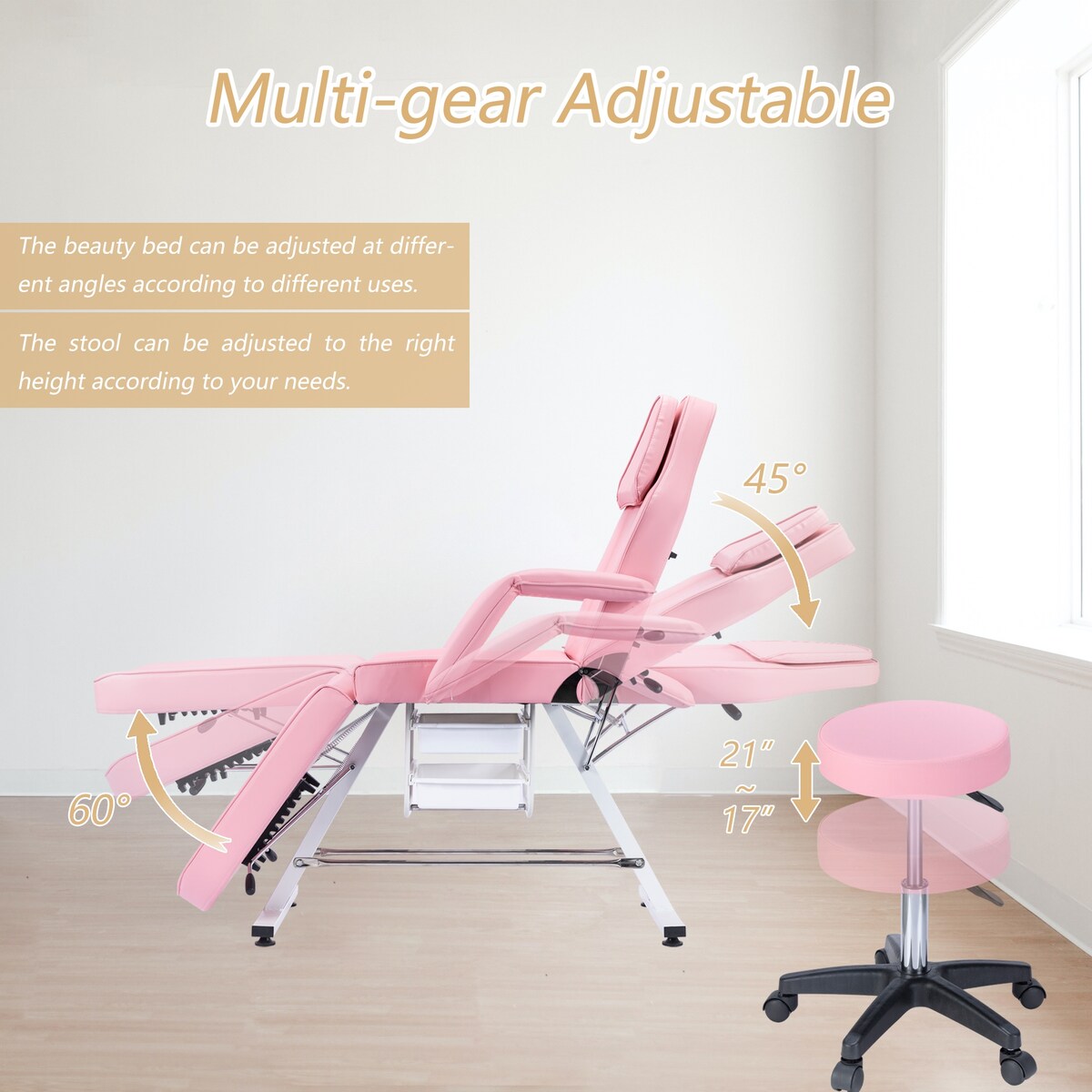 Massage Salon Tattoo Chair with Two Trays Esthetician Bed with Hydraulic Stool,Multi-Purpose 3-Section Facial Bed Table