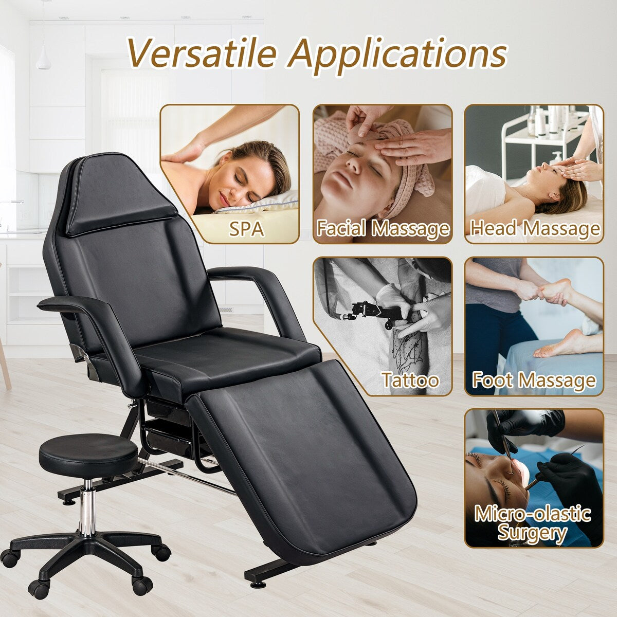 Massage Salon Tattoo Chair with Two Trays Esthetician Bed with Hydraulic Stool,Multi-Purpose 3-Section Facial Bed Table
