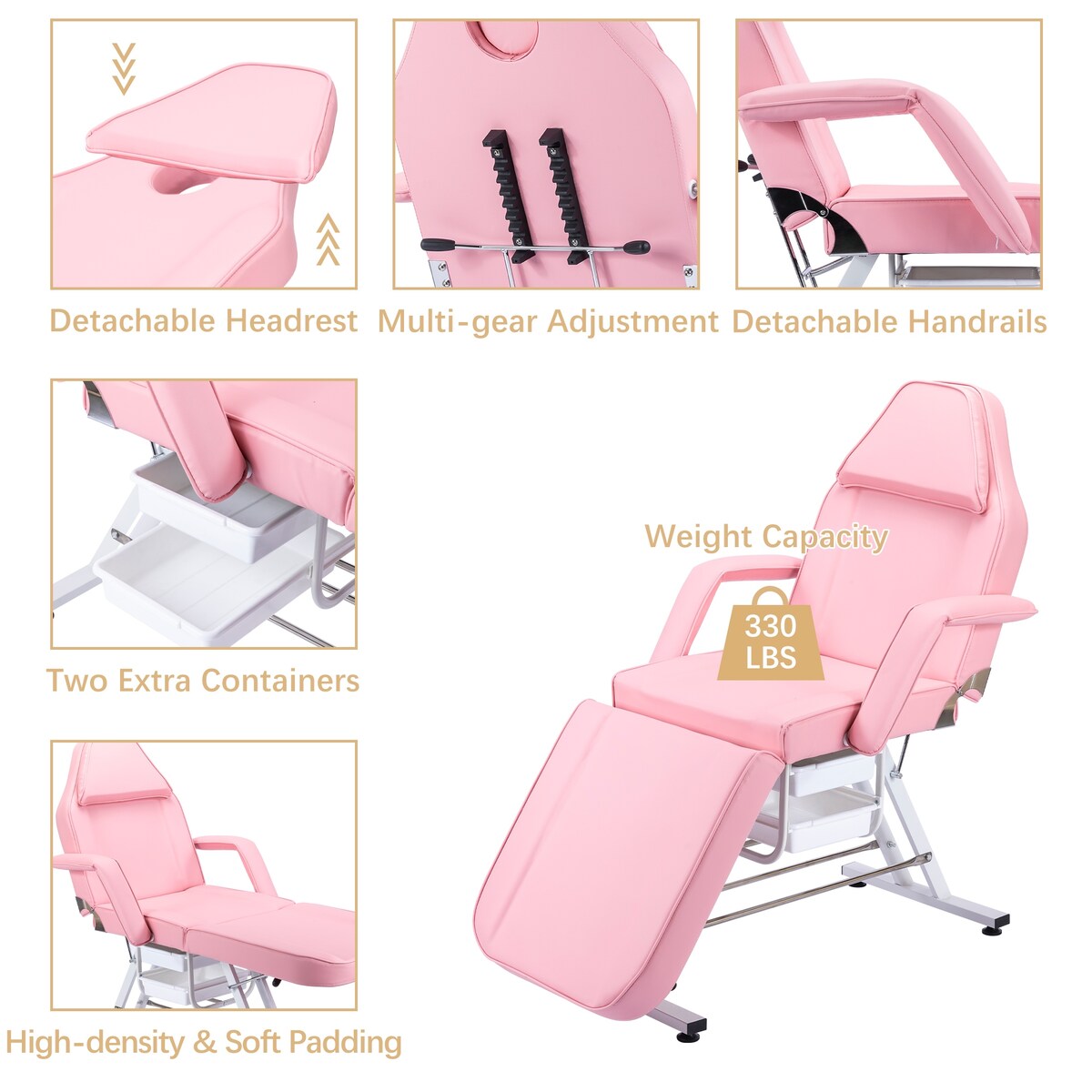 Massage Salon Tattoo Chair with Two Trays Esthetician Bed with Hydraulic Stool,Multi-Purpose 3-Section Facial Bed Table