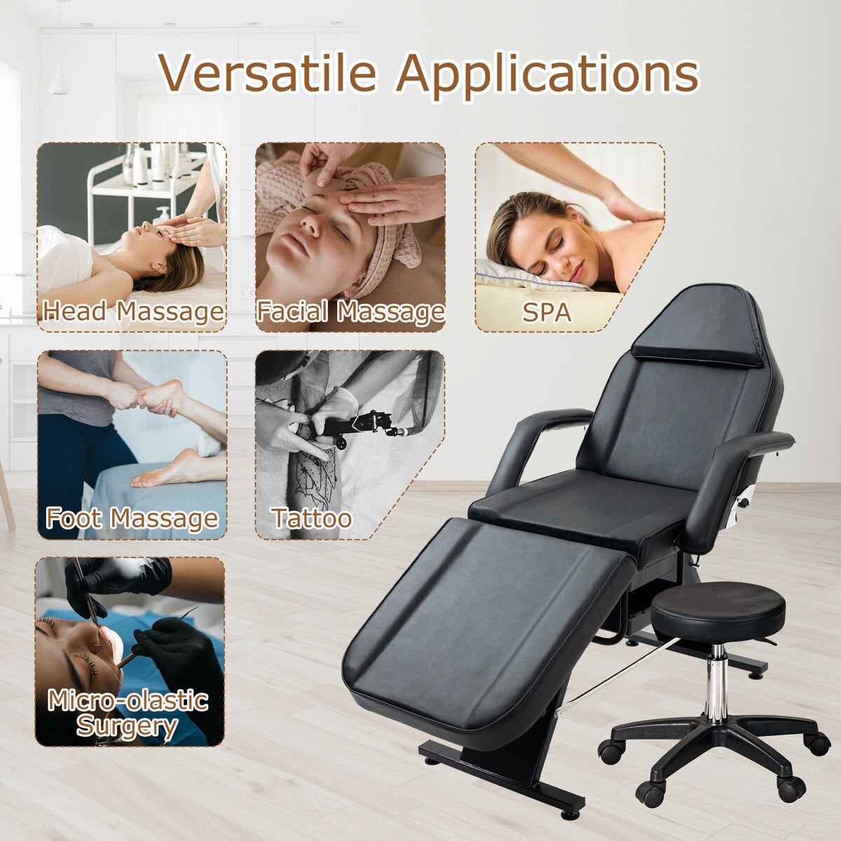 Massage Salon Tattoo Chair with Two Trays Esthetician Bed with Hydraulic Stool,Multi-Purpose 3-Section Facial Bed Table
