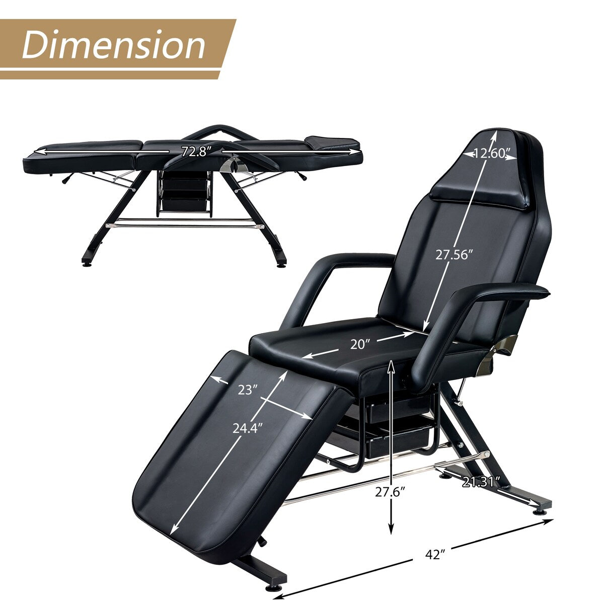 Massage Salon Tattoo Chair with Two Trays Esthetician Bed with Hydraulic Stool,Multi-Purpose 3-Section Facial Bed Table