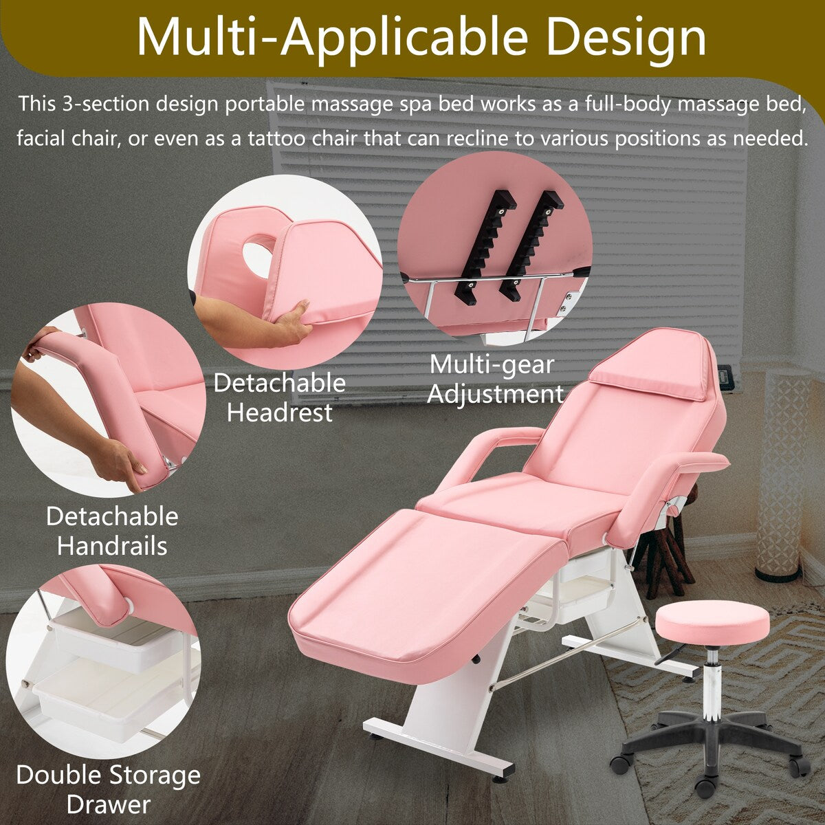 Massage Salon Tattoo Chair,2 Trays Esthetician Bed,Hydraulic Stool,3-Section Facial Table,Adjustable Barber Spa Beauty Equipment