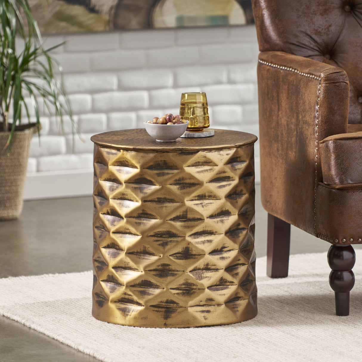Massie Modern Glam Handcrafted Diamond Pattern Aluminum Side Table by Christopher Knight Home - 17.25" L x 17.25" W x 18.50" H