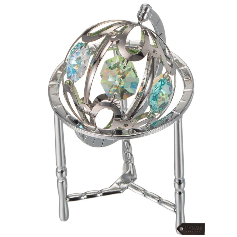 Matashi Home Decorative Tabletop Showpiece Chrome Plated Crystal Studded Silver Spinning Globe Ornament with Colored Crystals