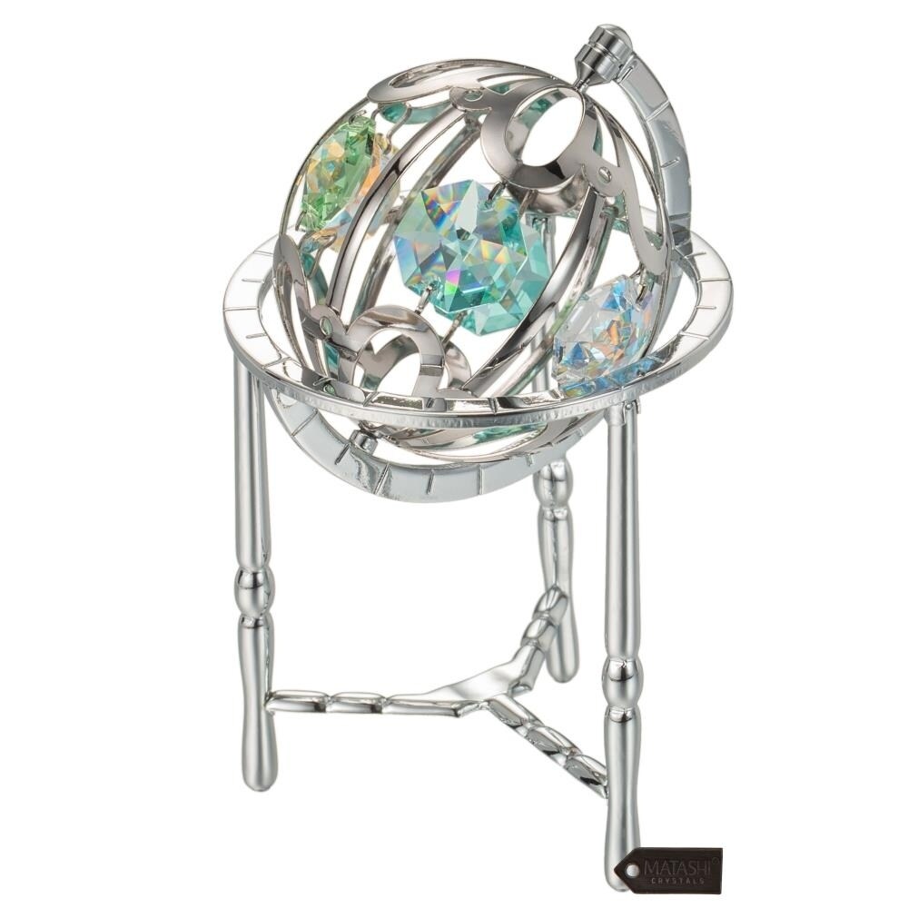 Matashi Home Decorative Tabletop Showpiece Chrome Plated Crystal Studded Silver Spinning Globe Ornament with Colored Crystals