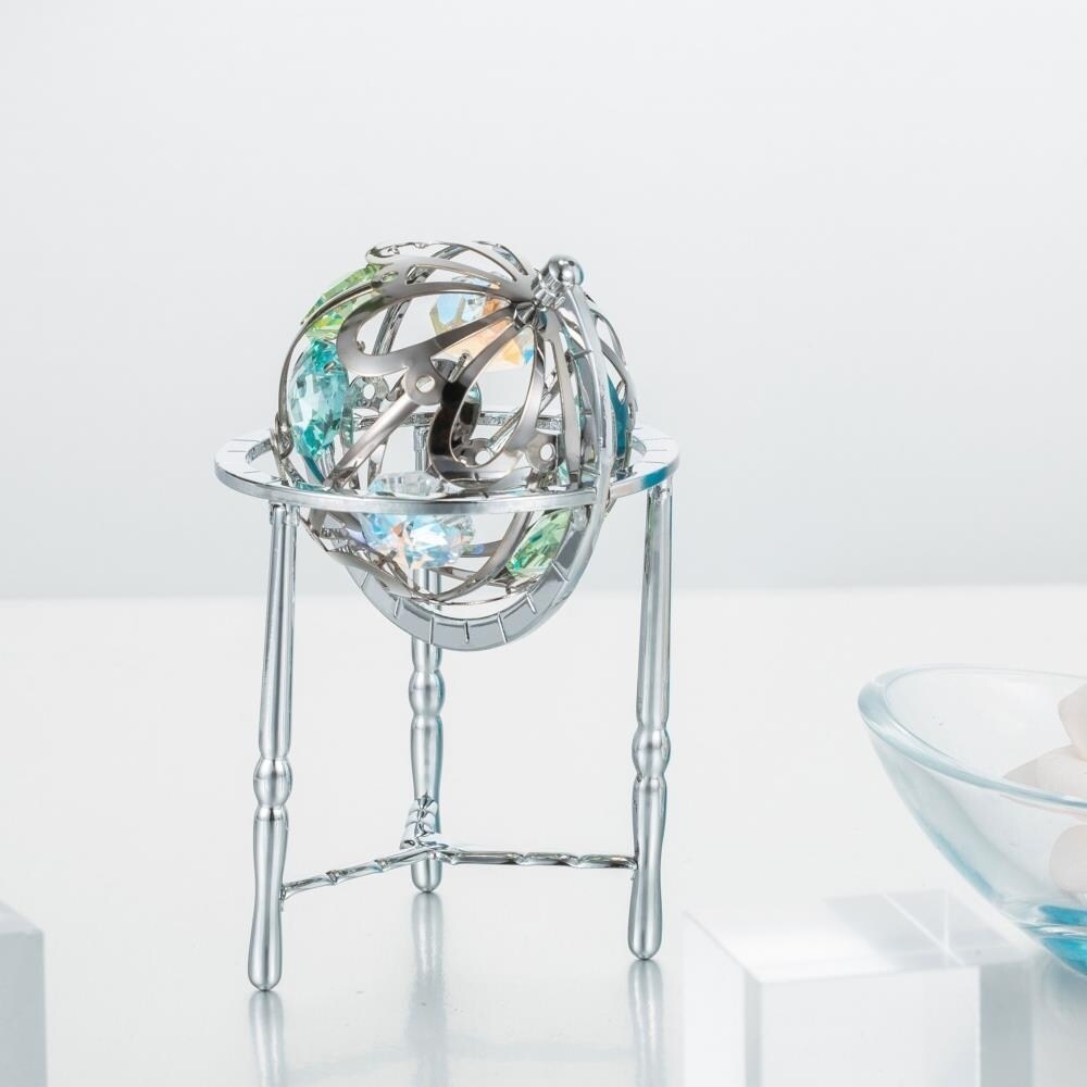 Matashi Home Decorative Tabletop Showpiece Chrome Plated Crystal Studded Silver Spinning Globe Ornament with Colored Crystals