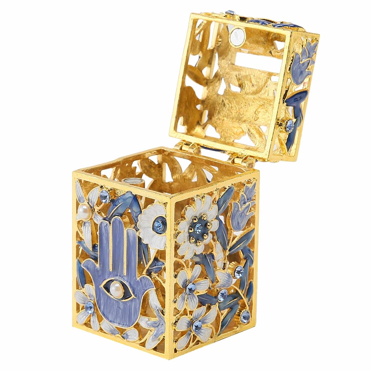 Matashi Hand-Painted Enamel Tzedakah Charity Box Embellished w/ Crystals & a Hamsa Protects Against Evil Eye Motif Design
