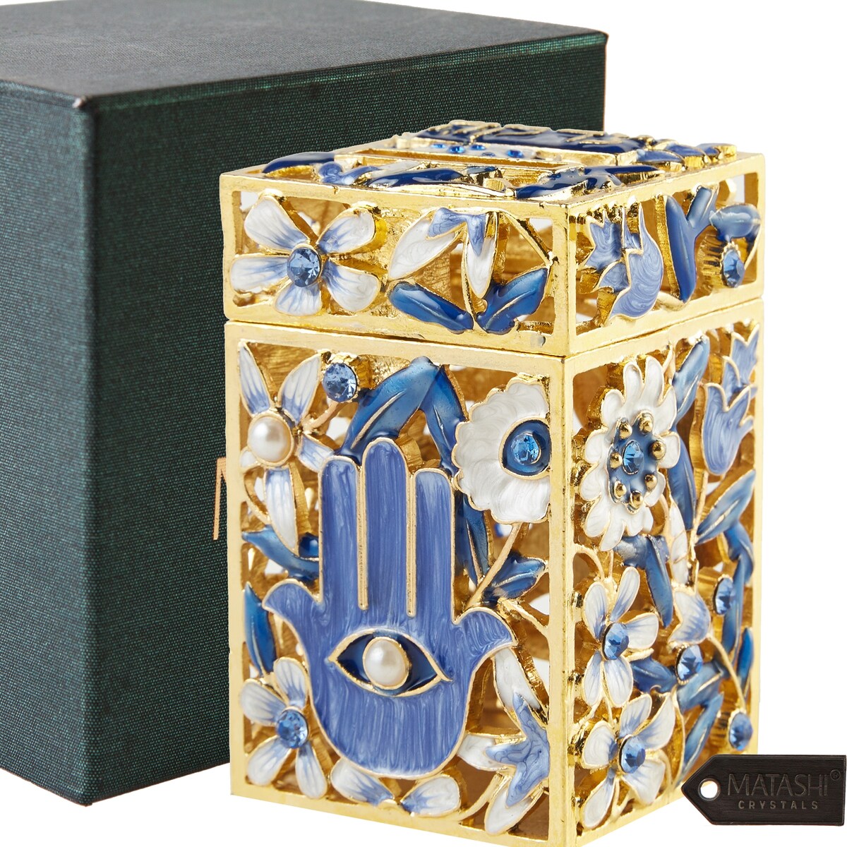 Matashi Hand-Painted Enamel Tzedakah Charity Box Embellished w/ Crystals & a Hamsa Protects Against Evil Eye Motif Design
