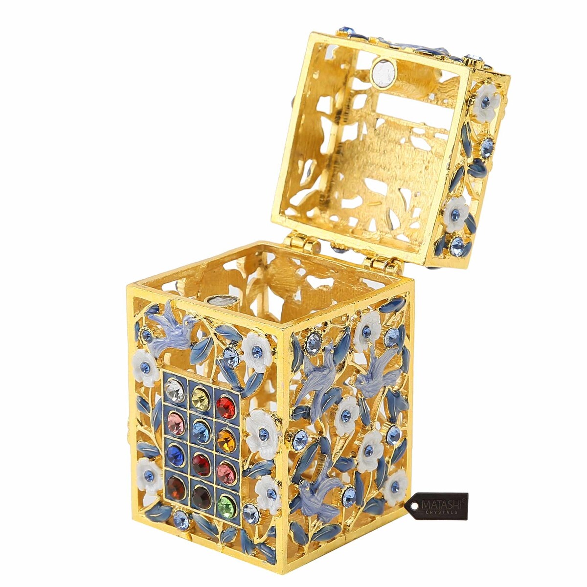 Matashi Hand-Painted Enamel Tzedakah Charity Box, Keepsake Treasure Box Embellished w/ Crystals and a Flower Dove Motif Design