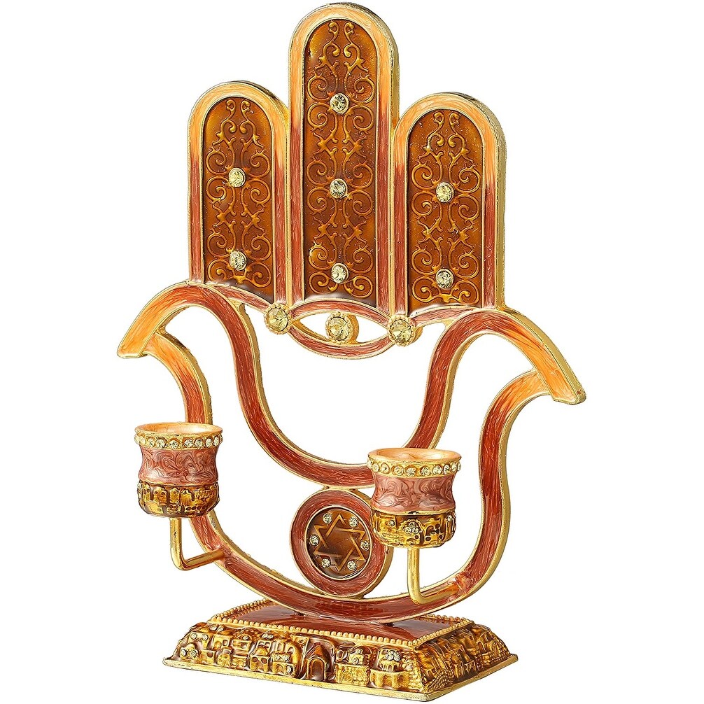 Matashi Oil Candle Holders | Displays 2 Candles | Red & Orange Colors, Intricate Details w/ Crystals | Hamsa, Modern Home Décor