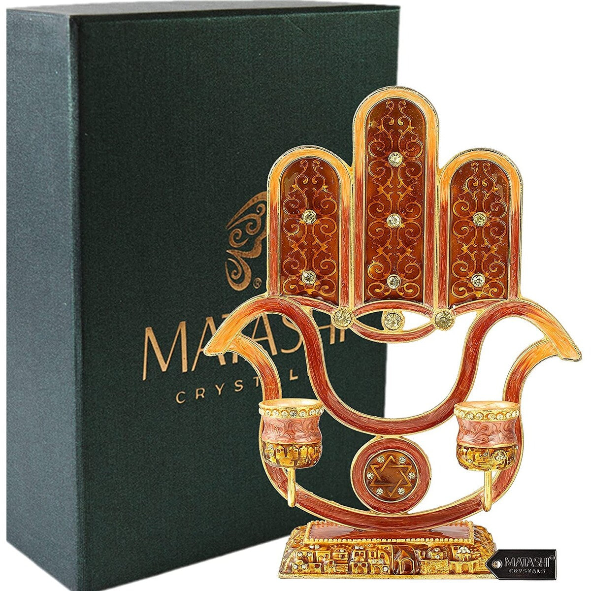 Matashi Oil Candle Holders | Displays 2 Candles | Red & Orange Colors, Intricate Details w/ Crystals | Hamsa, Modern Home Décor