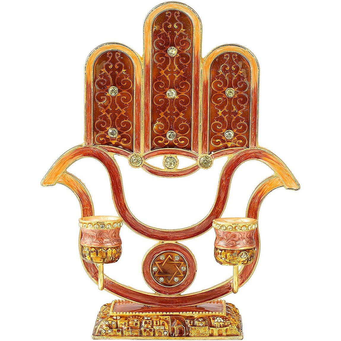 Matashi Oil Candle Holders | Displays 2 Candles | Red & Orange Colors, Intricate Details w/ Crystals | Hamsa, Modern Home Décor