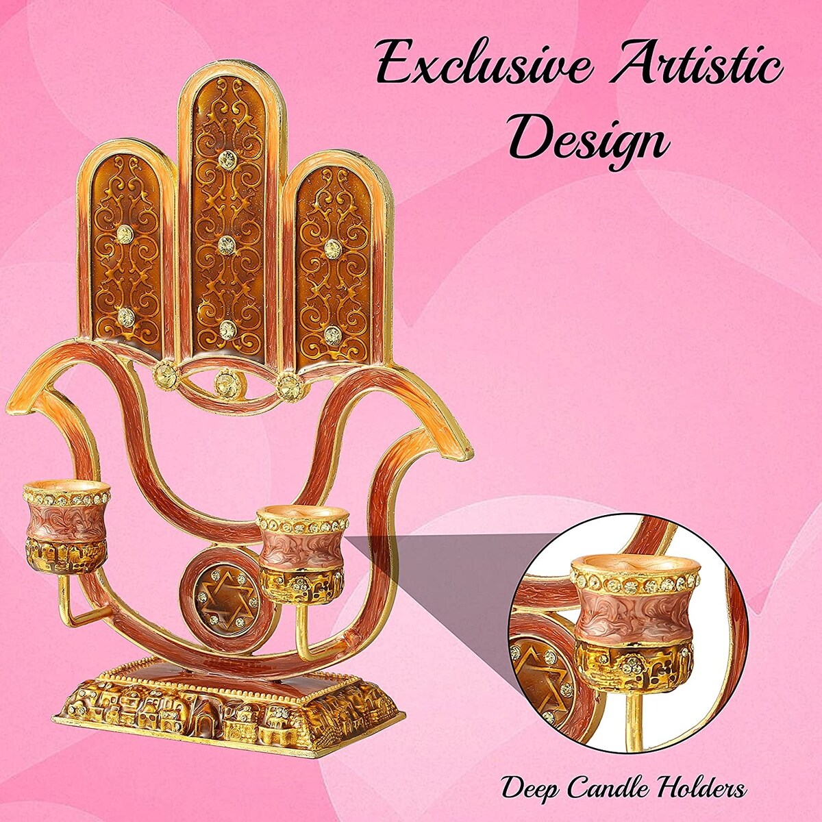 Matashi Oil Candle Holders | Displays 2 Candles | Red & Orange Colors, Intricate Details w/ Crystals | Hamsa, Modern Home Décor