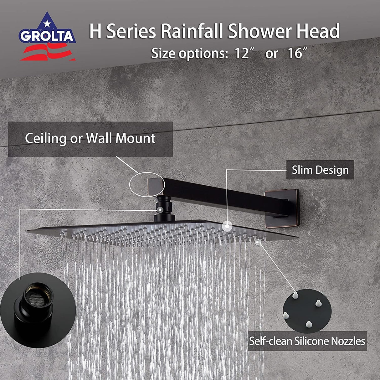 Matte Black 16" Rainfall Shower X3 Thermostatic Faucet System w/ Slide Bar, 6 Jets - Matte Black