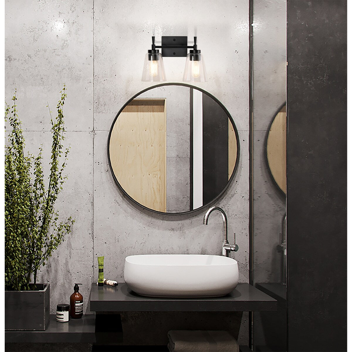 Matte Black 2-Light Modern Vanity Light with Clear Cone Glass Shades