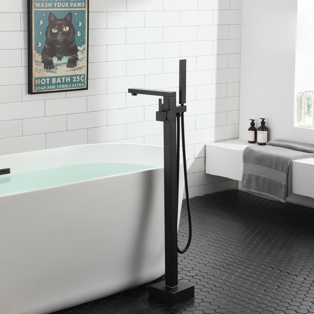 Matte Black Freestanding Tub Filler Faucet with Handshower