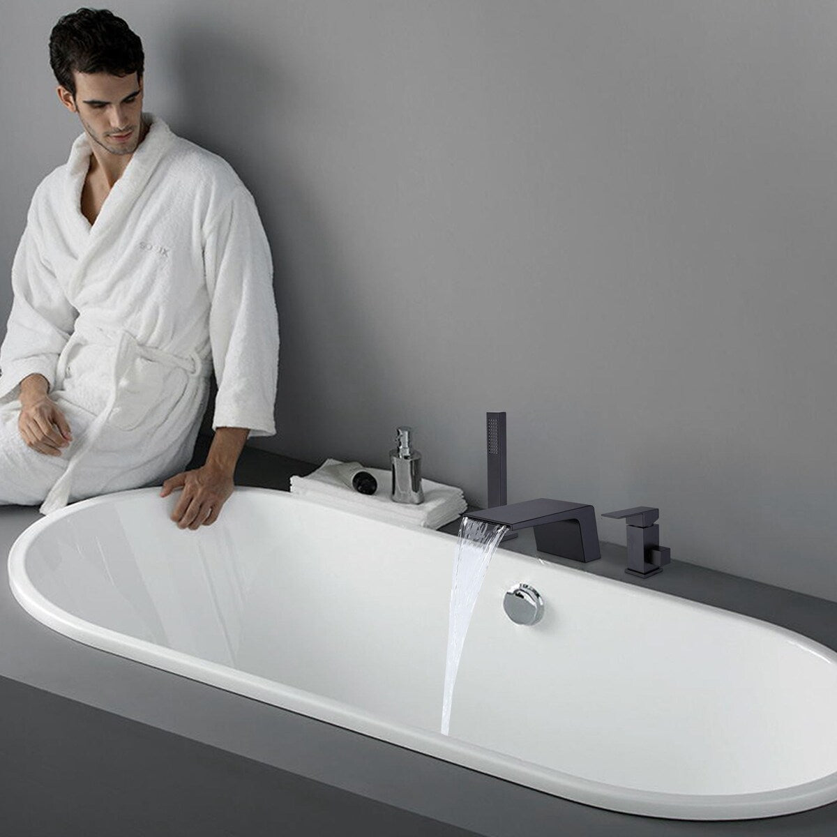 Matte Black Waterfall Bathroom Tub Faucet with Handshower