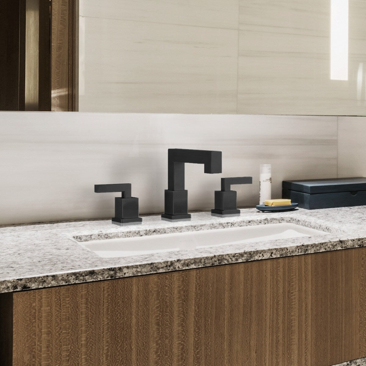 Matte Black Widespread Bathroom Faucet, Waterfall 3 Hole, 2-Handles Modern Vanity Faucet with Pop Up Drain Assembly