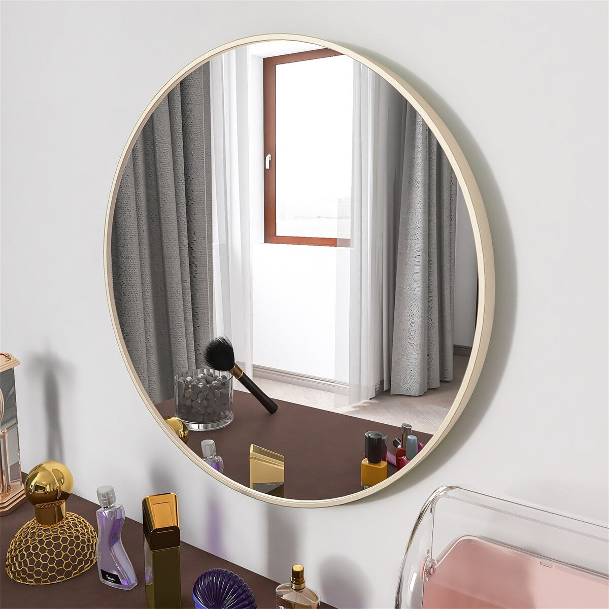 Matte Gold 24'' Round Mirror Metal Framed Circle Wall-Mounted Mirror