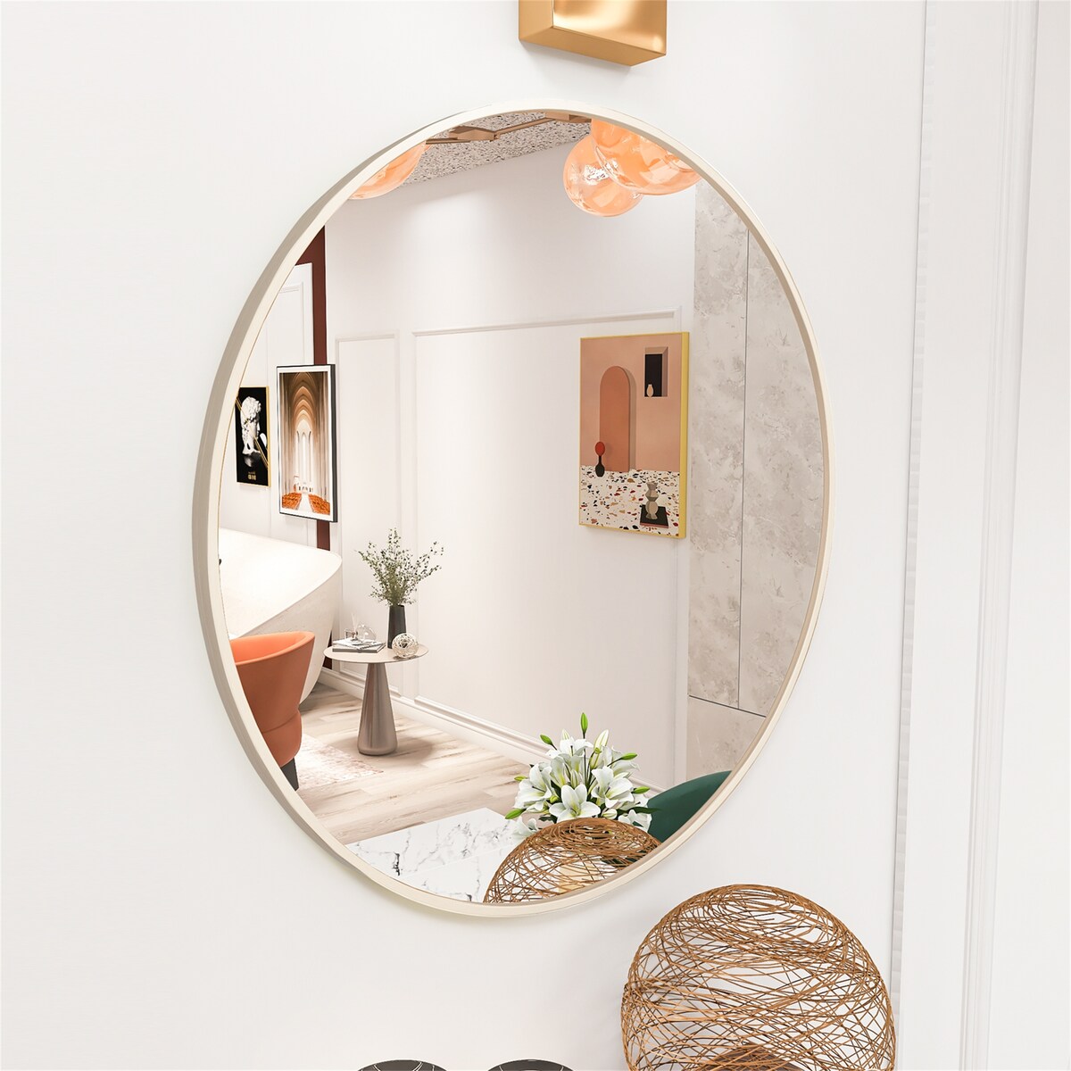 Matte Gold 24'' Round Mirror Metal Framed Circle Wall-Mounted Mirror