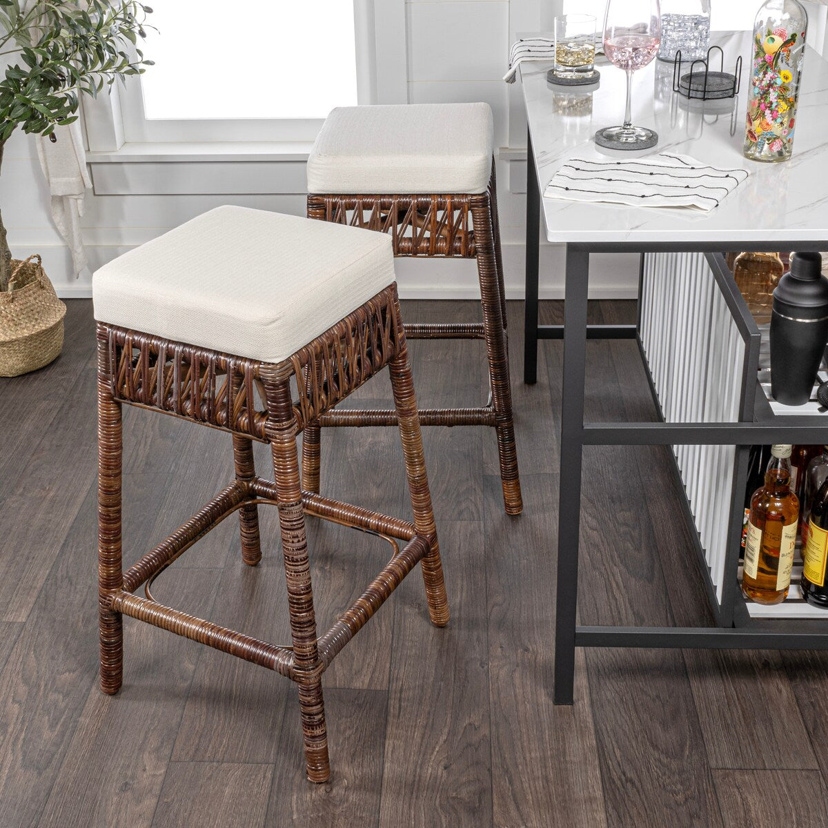 Maui Bohemian Basics Rattan Backless Bar Stool, by JONATHAN Y