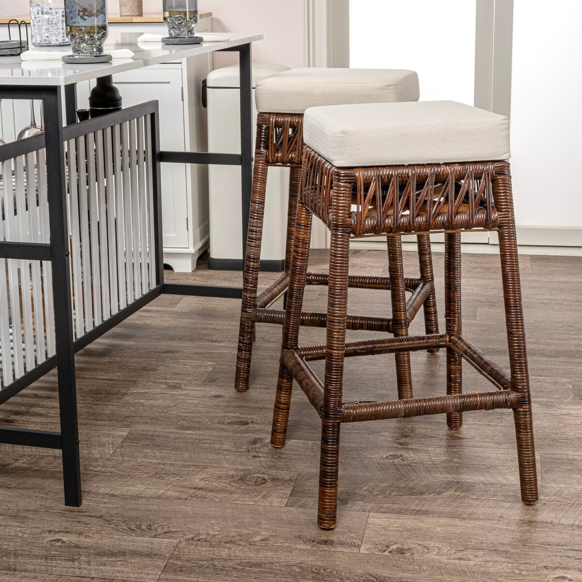 Maui Bohemian Basics Rattan Backless Bar Stool, by JONATHAN Y