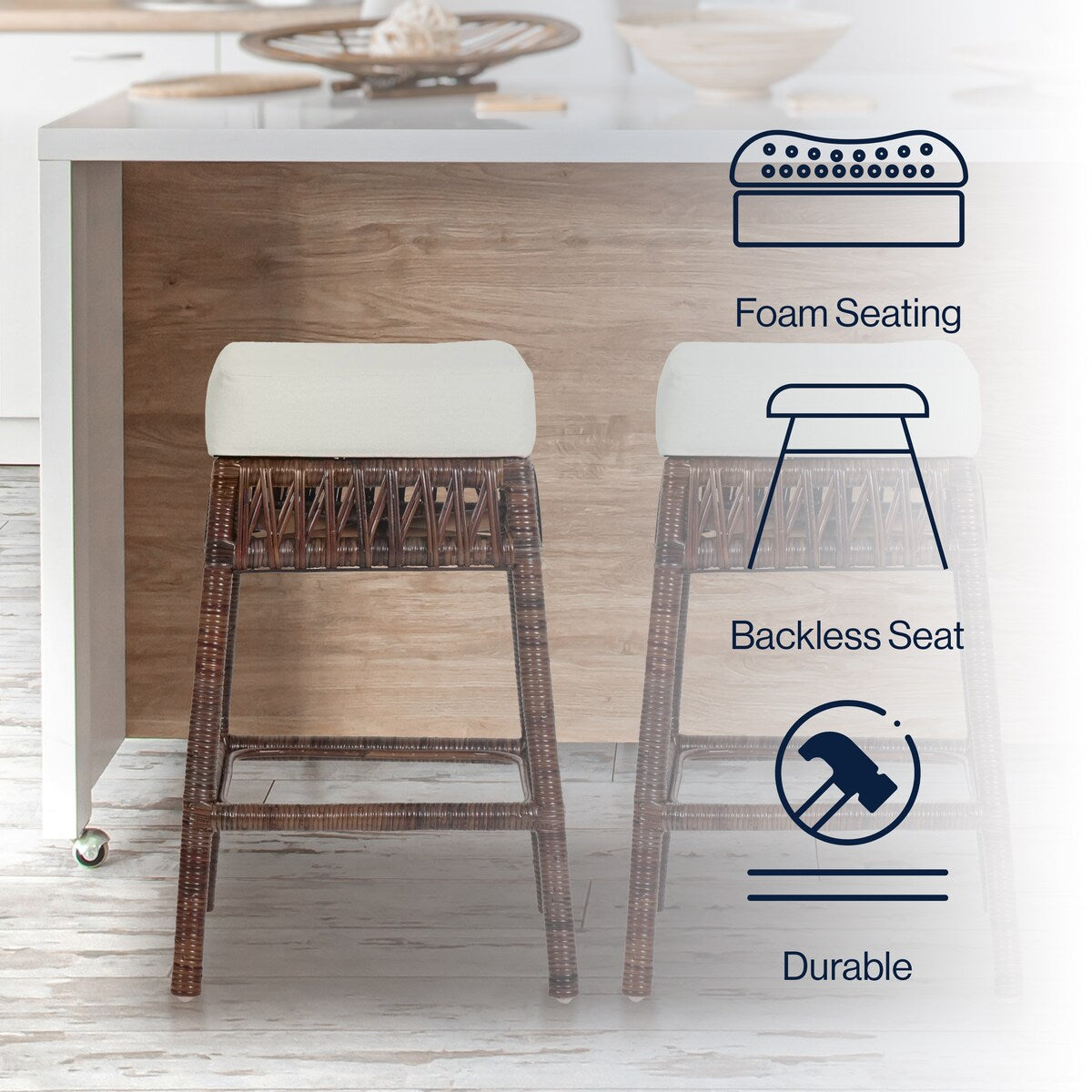 Maui Bohemian Basics Rattan Backless Bar Stool, by JONATHAN Y