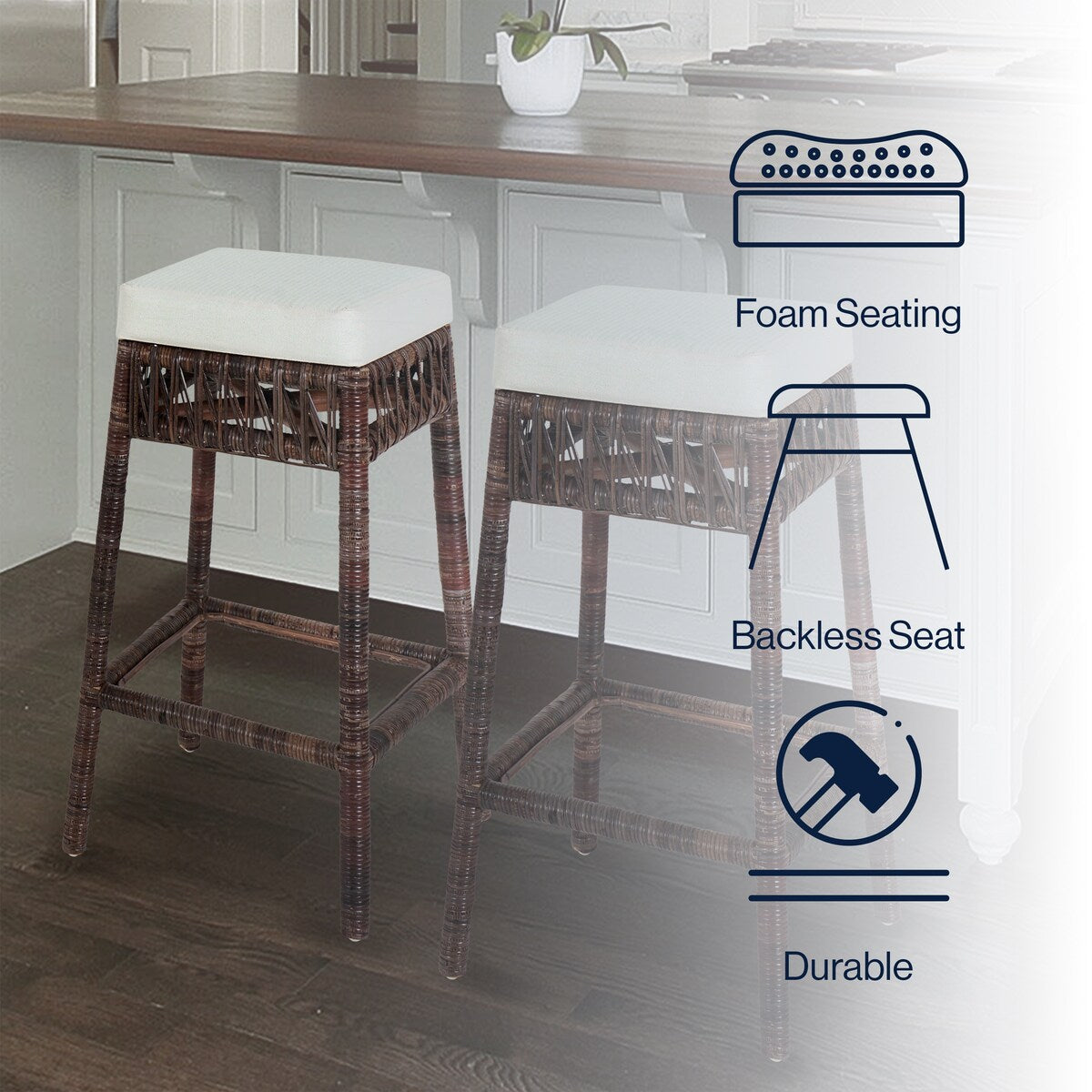 Maui Bohemian Basics Rattan Backless Bar Stool, by JONATHAN Y