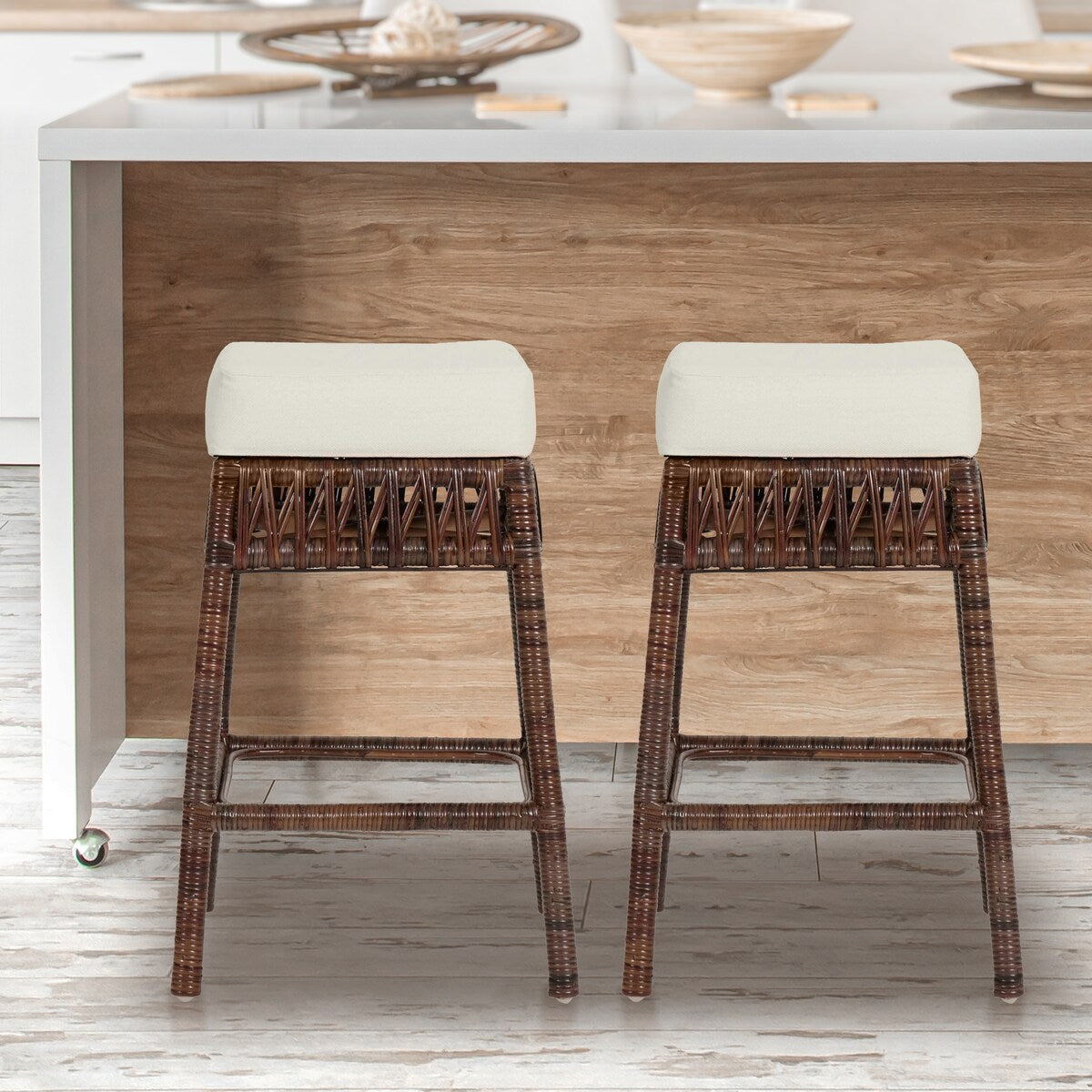 Maui Bohemian Basics Rattan Backless Bar Stool, by JONATHAN Y