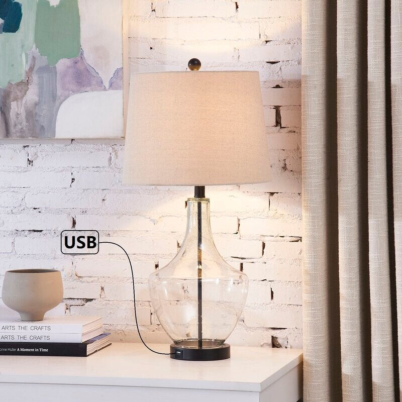 26" Clear Glass Bedside Lamp with USB