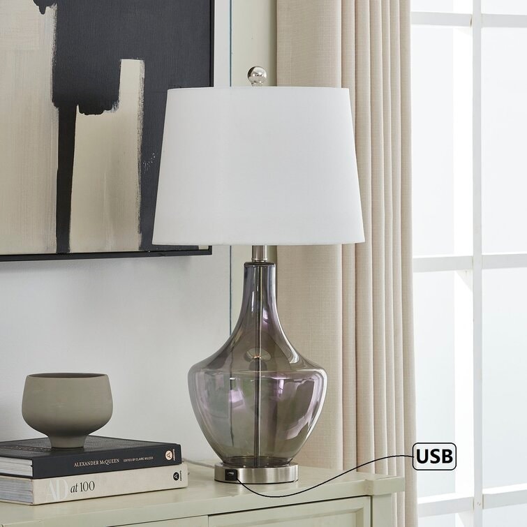 26" Clear Glass Bedside Lamp with USB