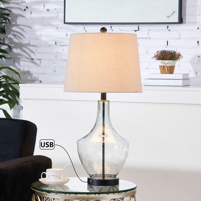 26" Clear Glass Bedside Lamp with USB