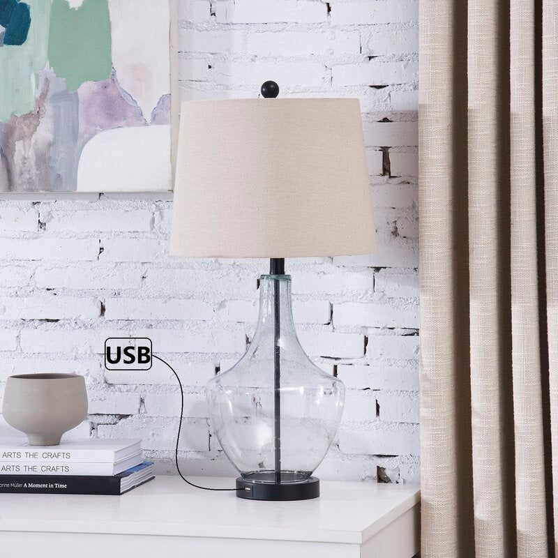 26" Clear Glass Bedside Lamp with USB