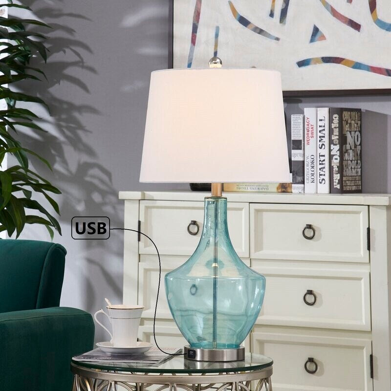 26" Clear Glass Bedside Lamp with USB