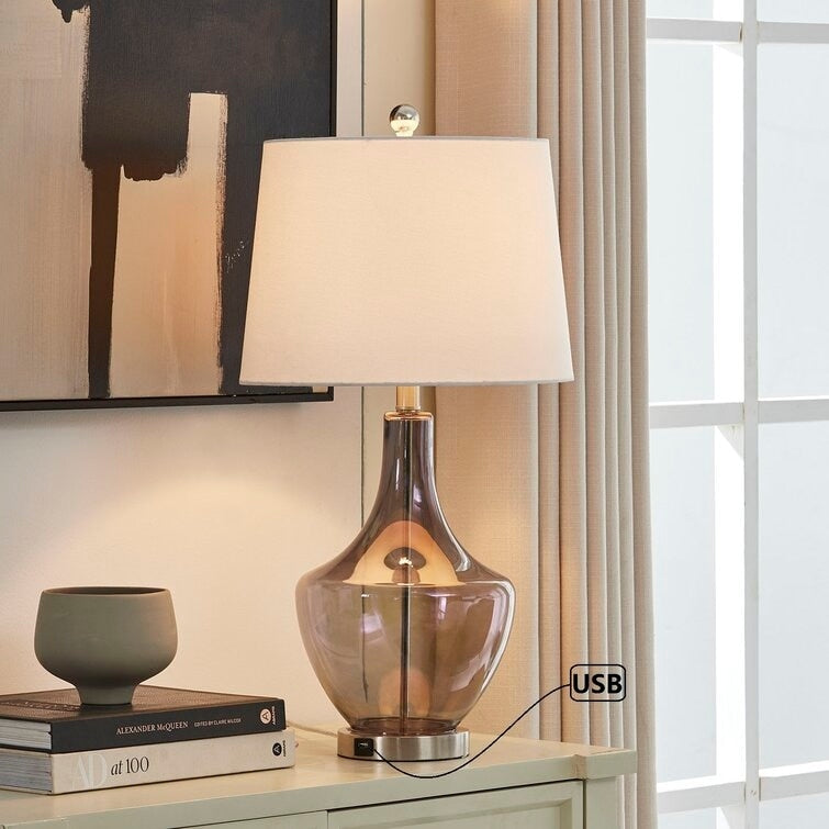 26" Clear Glass Bedside Lamp with USB