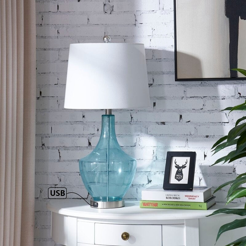26" Clear Glass Bedside Lamp with USB