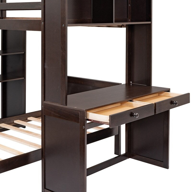 Maximized space Kids Furniture Twin size Loft Bed with a Stand-alone bed Shelves Desk and Wardrobe, Espresso