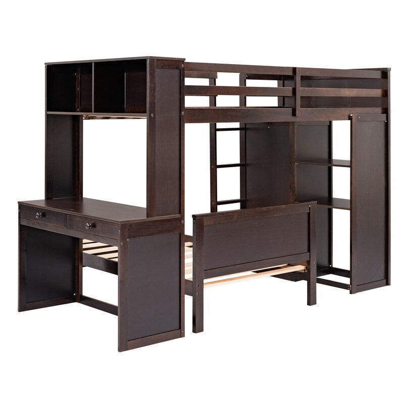 Maximized space Kids Furniture Twin size Loft Bed with a Stand-alone bed Shelves Desk and Wardrobe, Espresso