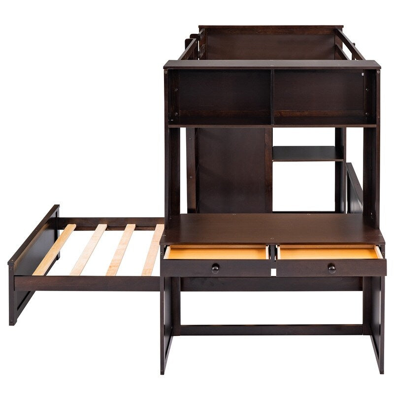 Maximized space Kids Furniture Twin size Loft Bed with a Stand-alone bed Shelves Desk and Wardrobe, Espresso
