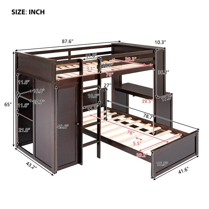 Maximized space Kids Furniture Twin size Loft Bed with a Stand-alone bed Shelves Desk and Wardrobe, Espresso