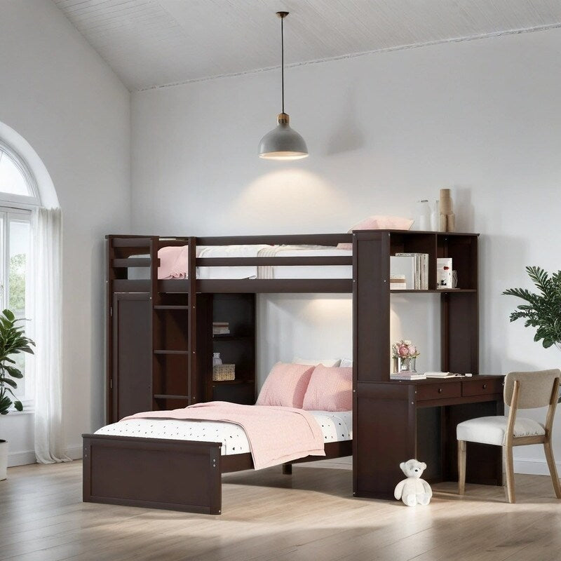 Maximized space Kids Furniture Twin size Loft Bed with a Stand-alone bed Shelves Desk and Wardrobe, Espresso