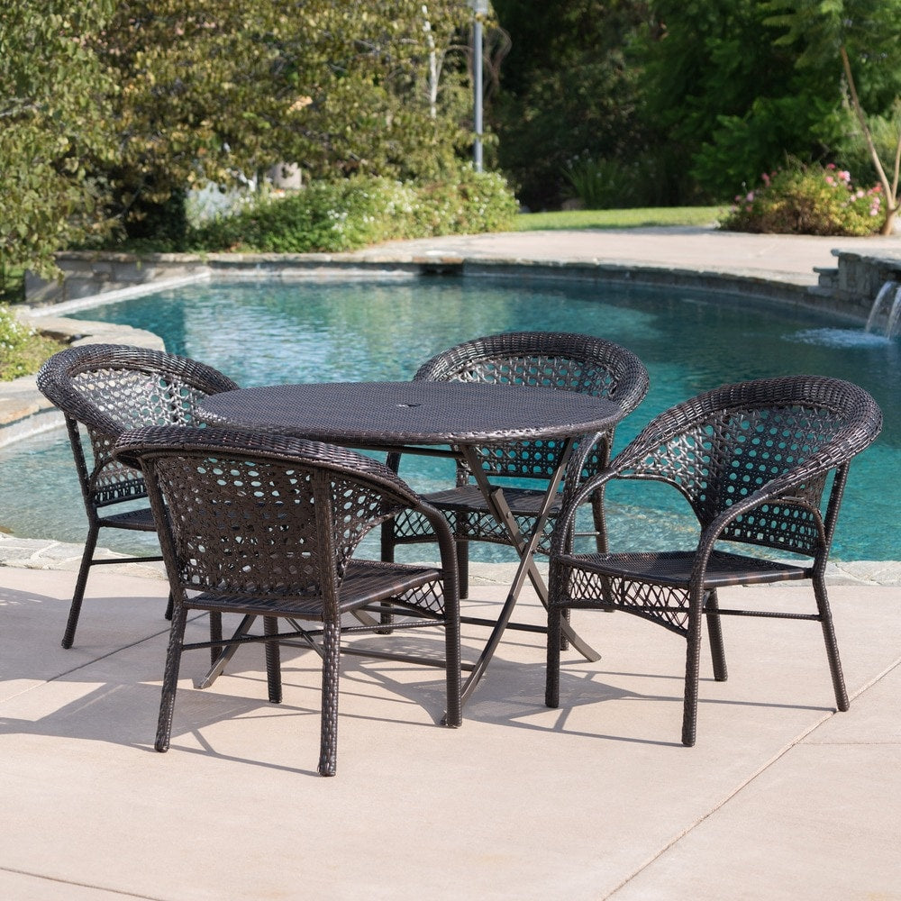 Maxine Outdoor 5-Piece Round Foldable Wicker Dining Set with Umbrella Hole by Christopher Knight Home