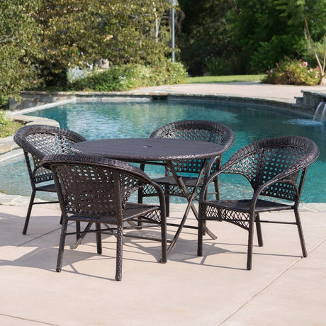 Maxine Outdoor 5-Piece Round Foldable Wicker Dining Set with Umbrella Hole by Christopher Knight Home